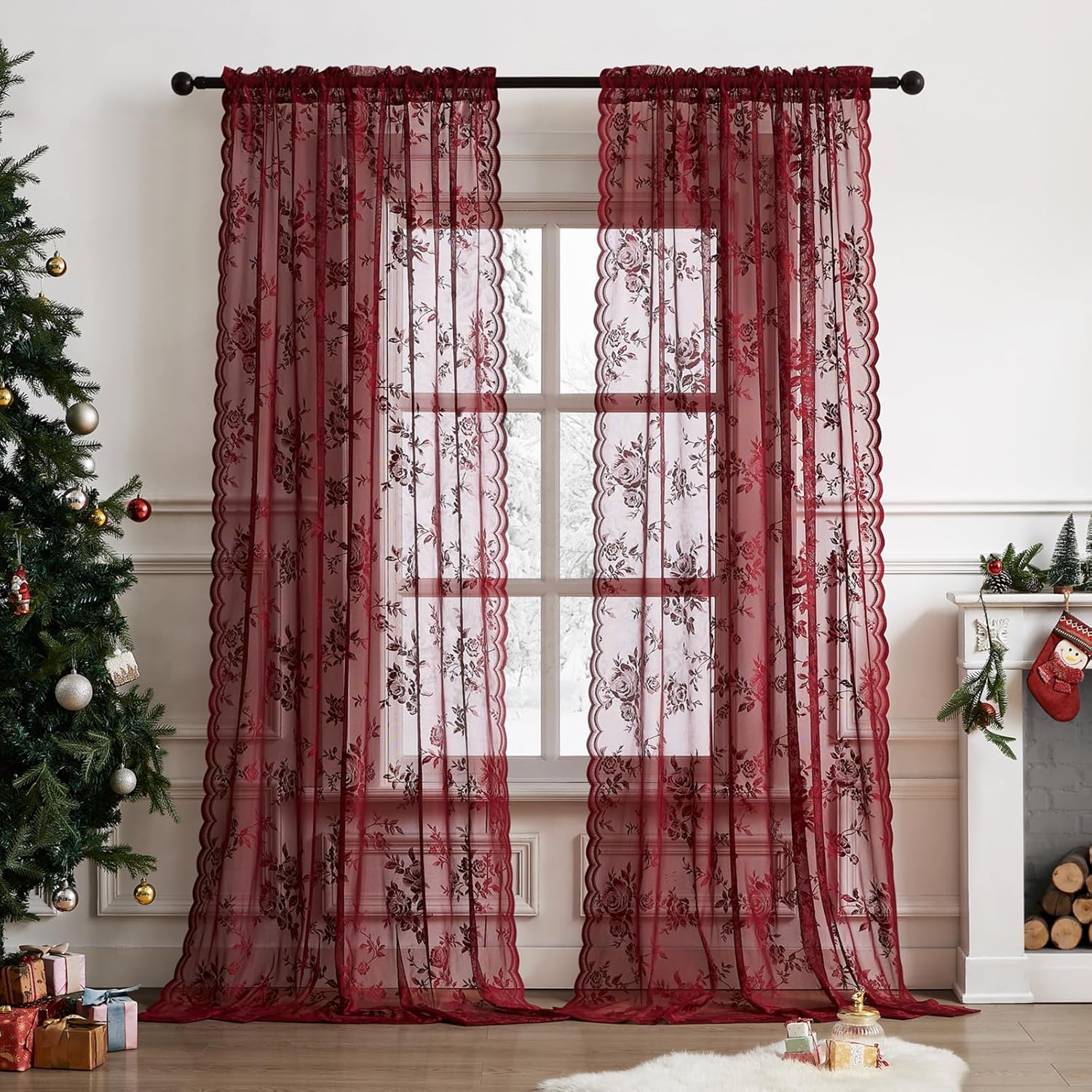 Home Office Setup - 1 PC Burgundy Lace Curtains 45